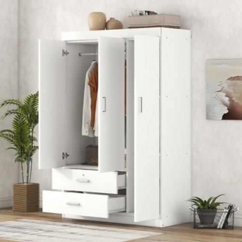 TIRAMISUBEST 3-Door Wardrobe with 2 Storage Drawers, Modern Bedroom Armoire Closet with Hanging Rod and Storage Shelves