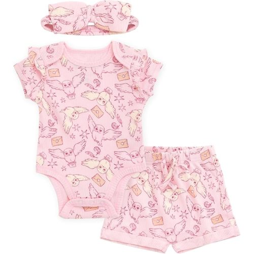 Harry Potter Hedwig Baby Girls' Bodysuit and Shorts Set with Headband Newborn to Infant