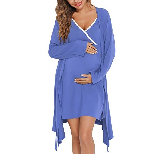 SWOMOG Womens Maternity Robe 2 Piece Nursing Nightgown for Breastfeeding 3 in 1 Labor Delivery Nursing Dress Lace Bathrobe
