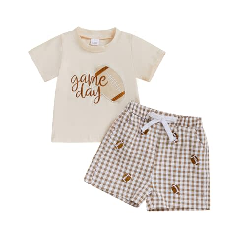 Adobabirl Toddler Baby Boy Football Outfit Rugby Embroidery Short Sleeve Tshirt with Plaid Shorts Boutique Summer Clothes