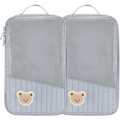 Baby Diaper Bag Organizer Pouches - 2 Pack Waterproof Pod Hanging Diaper Bag Cute Rabbit Bear Mesh Bag Reusable, Washable or Baby Cloth Diapers (Blue)