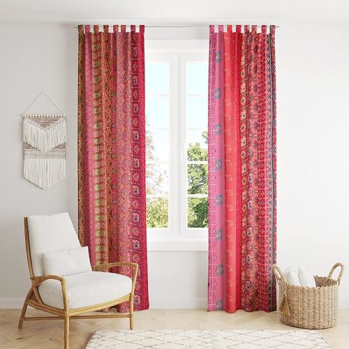 THE ART BOX Pink Silk Sari Curtains – Boho Patchwork Window Panels, Indian Recycled Silk Blend Drapes for Living Room & Bedroom, 2 Panels 84 x 42 Inch