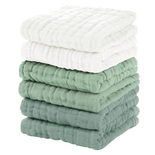 Unnivoll Muslin Baby Washcloths 6 Pack, 100% Cotton Wash Cloths for Babies, Large 12''X12'' Burp Cloths Absorbent and Soft for Newborn Infants Kids Boys Girls - White Green