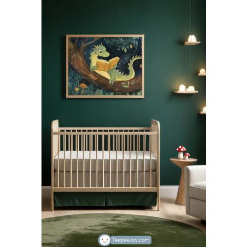 Dragon Wall Art for Nursery, Playroom or Kids Bedrooms - Whimsical Dragon Reading Book in Enchanted Forest - Dragon Verse