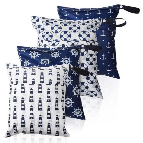 Frienda 4 Pieces Wet Dry Bag for Baby Waterproof Reusable Washable Diaper Bag Sealed with Handle for Travel, Beach, Swimsuit, Diapers, Dirty Gym Clothes and Toiletries (Nautical Style)