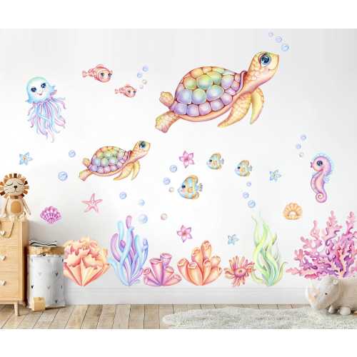 Pastel Sea Turtle Wall Decal – Ocean Animal Stickers for Kids Nursery Room Decor