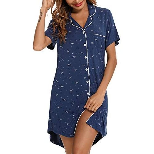 Samring Pajama Nightgown for Women Short/Long Sleeve Button Down Nightwear Top Boyfriend Sleep Shirts Nightdress S-XXL