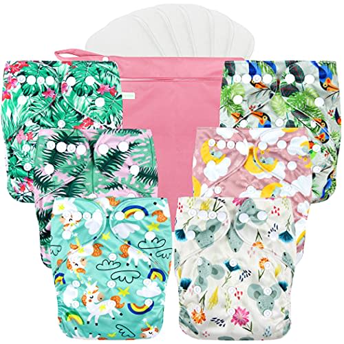 wegreeco Cloth Diapers 6 Pack with 6 Inserts & 1 Wet Bag, Washable Cloth Diapers for Babies, One Size Adjustable Reusable (Rainbow, Horse)