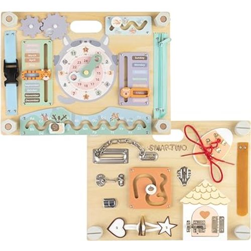 Double-Sided Wooden Busy Board for Toddlers, Sensory Activity Board, Montessori Travel Toy for Kids Age 2-5, Educational Toy for Autism, Ideal Choice for Baby Girls or Boys Birthday