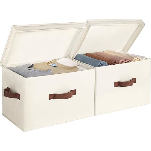 StorageWorks Fabric Storage Bins with lid, Decorative Boxes for Shelves, Closet Organizer Basket with Handles, Large, Ivory White, 2-Pack