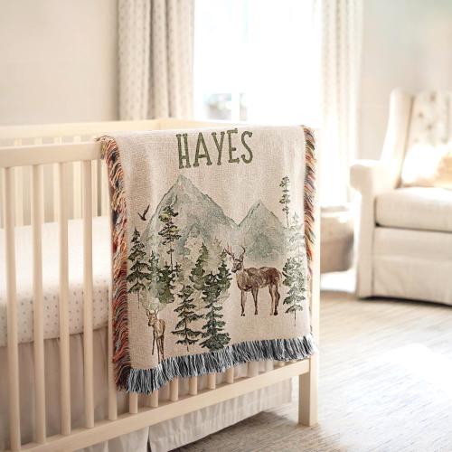 Woodland Baby Blanket Personalized Deer Boys Blanket Wildlife Name Blanket Hunting Cotton Woven Quilt Forest Heirloom Baby Gift