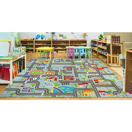 Capslpad Sky Blue Car Road Kid Rug Carpet Playmat for Playoom Traffic Road Kids Play Mat for Toddler Non Slip Washable City Map Race Track Carpet Rug for Kids Room Playroom Classroom Decor,6.6'x9.8'