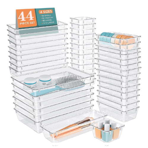 44 Pcs Clear Plastic Drawer Organizer Set, 4 Sizes Desk Drawer Divider Organizers and Storage Bins for Makeup, Jewelry, Gadgets for Kitchen, Bedroom, Bathroom, Office