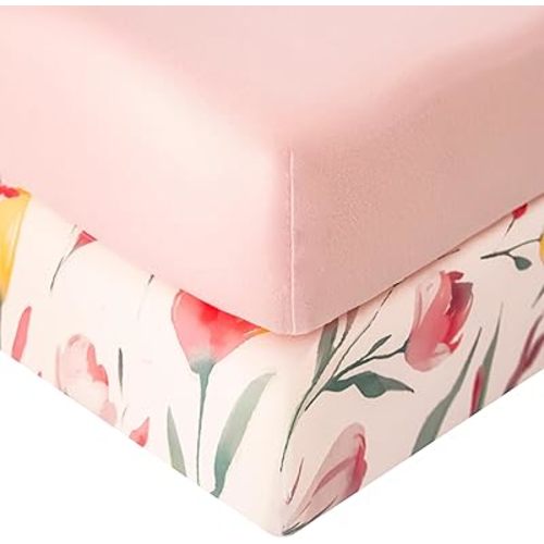 SDIII 2 Pack Pink Floral Crib Sheets for Girls Boys, Elastic Breathable Microfiber Pink Baby Crib Sheet for Standard Crib and Toddler Mattress 52×28×8