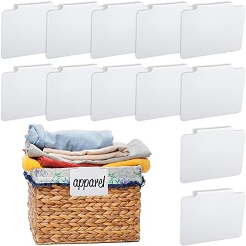 12 Pcs White Basket Labels, 3.5 X 2.7 in Basket Labels Clip On, Removable Erasable Reusable for Storage Bins Organizing Box Kitchen Linen Closet