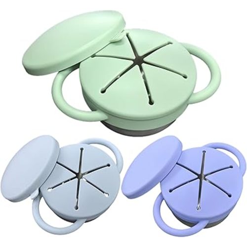3 Pack Spill Proof Snack Cups For Toddlers, Stainless Steel Toddler Snack Cup No-Spill, 9 Oz Baby Snack Containers Dishwasher Safe, Food Grade Silicone Lids & Handle (Blue Green Cyan)