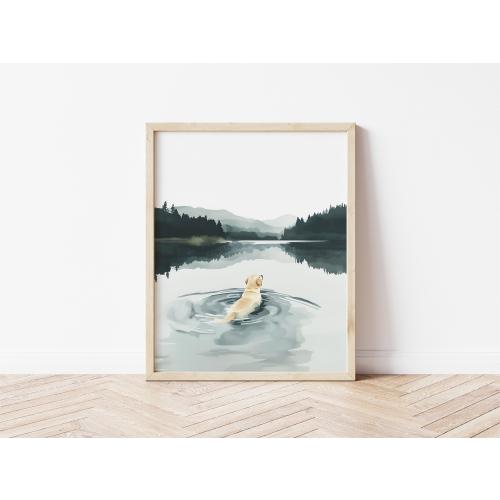 Watercolor Dog Swimming in Lake Wall Art Dog Wall Art Yellow Labrador Dog Art Landscape Mountain and Lake Wall Art Lake House Decor