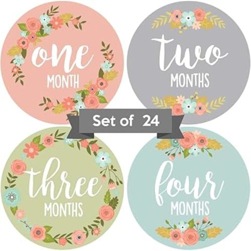 Baby Monthly Stickers - Set of 24 - Floral Baby Girl Milestone Stickers - Perfect for Newborn Girls - Month to Month Milestones - Pink Blue Green & Gray Pastel Floral Design (Set of 24)