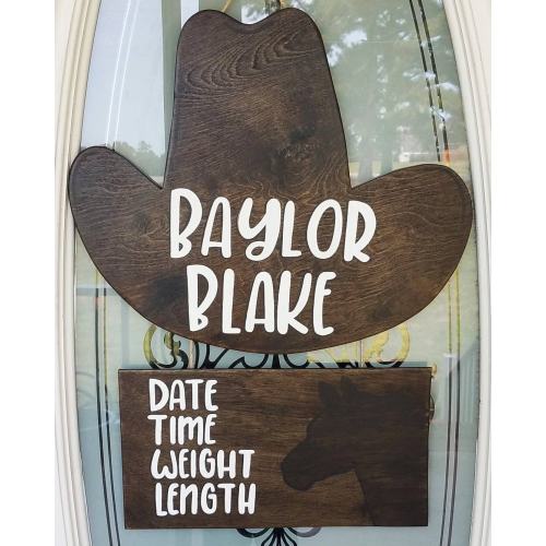 Personalized Cowboy Hat Baby Boy Baby Shower Baby Door Hanger With Horse Painted Announcement Piece.