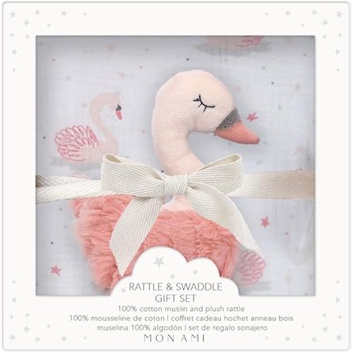 MON AMI French Swan Baby Blanket & Rattle Gift Set – Soft 47" Cotton Muslin Swaddle for Newborns, Tummy Time, Sunshield, Nursing Cover & Privacy Throw with 6" Plush Rattle