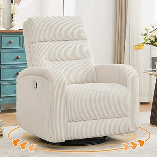 Swivel Nursery Rocker Recliner for Nursery, 360° Swivel Glider Recliner, Manual Rocking Recliner Chairs with Pockets and Large Arms for Living Room, White Corduroy