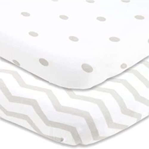 Cuddly Cubs Pack and Play Sheets Fitted – for Graco Pack n Play Playard – 2 Pack – Snuggly Soft Jersey Cotton Mini Crib Mattress Sheets Set for Baby Boy, Girl – Grey Polka Dots, Chevron