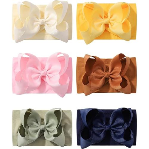 doboi 6PCS Ribbon Bow Nylon Headbands, Baby Girl Headbands Hair Accessories for Infants, Newborns, and Toddlers in Bright Colors