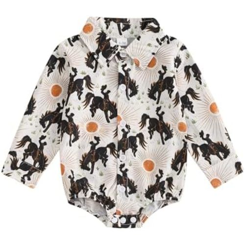 Newborn Western Baby Boy Outfits Country Cow Horse Shirt Romper Long Sleeve Button Down Bodysuit Cowboy Clothes