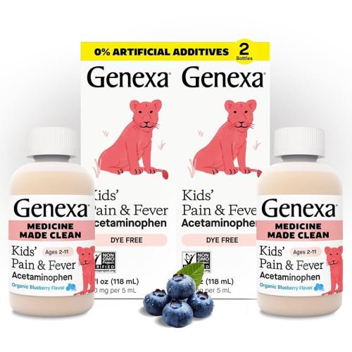 Genexa Children's Clean Acetaminophen | Pain & Fever Reducer for Kids | Kids Medicine, Dye Free Acetaminophen, 0% Artificial Additives | Ages 2-11, Delicious Organic Blueberry Liquid, 8 fl oz (2 Pack)
