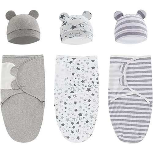 Exemaba Baby Swaddle Sleep Sack with Hat Set for 0-3 months 3-Pack Soft Cotton Newborn Wearable Swaddle Wrap for Girls Boys
