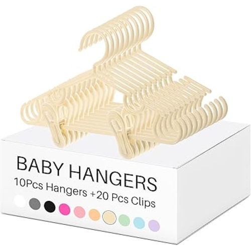Hsei 5/10/40 Pack Baby Hangers with 10/20/80 Clips Plastic Kids Pants Hanger for Newborn Nursery/Daycare/Preschool Closet/Wardrobe Organizer Baby Shower Party(30 Packs Total,Yellow,10.6 Inch)