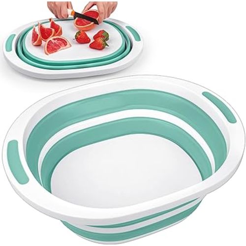 Seropy Collapsible Wash Basin, 7.5L Dish Tub Sink Basin Folding Dish Pans for Kitchen Sink, 2-in-1 Dishpan + Cutting Board, Tub Washing Bin Bucket for Cleaning Prep Portable Sink Dish Basin Green