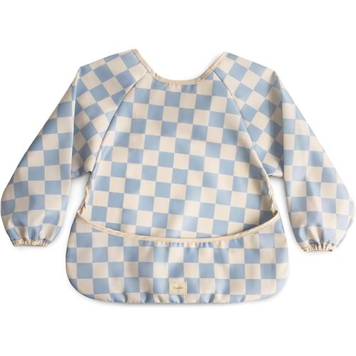 mushie Long Sleeve Baby Bib | Mess Free & Waterproof Fabric for Toddlers | Adjustable Fit for Ages 6-24 Months - Blue Check