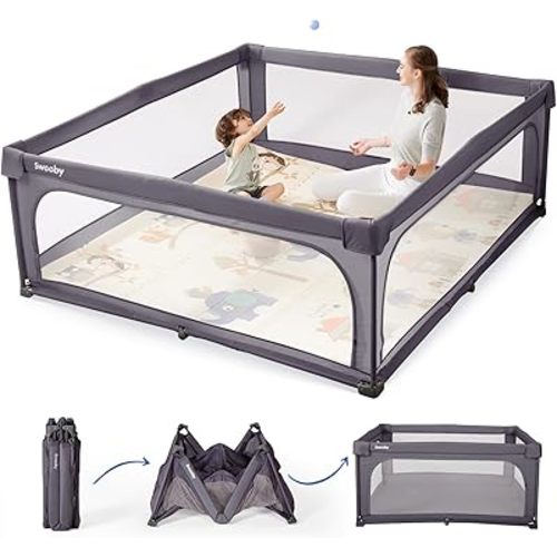 Sweeby Baby Playpen, Portable Foldable Baby PlayPens for Babies and Toddlers with Gate, 59x59 Large Baby Play Yards with Door, Indoor & Outdoor Playpen, Dark Grey