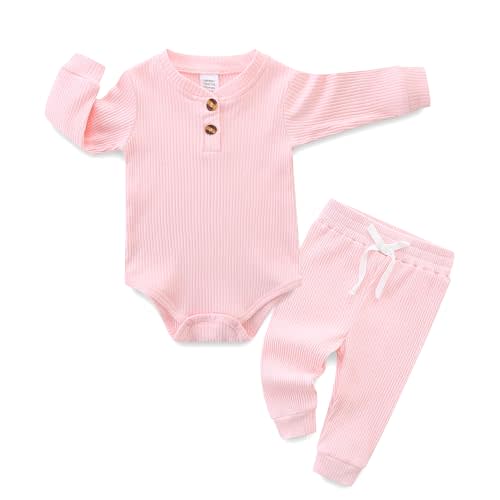 Hikido Newborn Baby Boy Girl Clothes Infant Ribbed Romper Cotton Long Sleeve Pant Sets for 0~18M Infant
