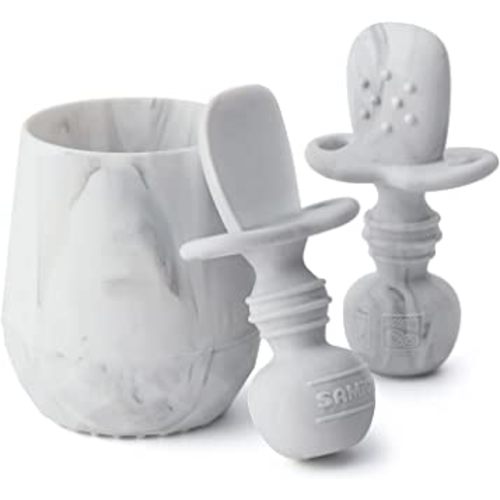 Silicone Self Feeding Spoons and Tiny Training Cup - Marble