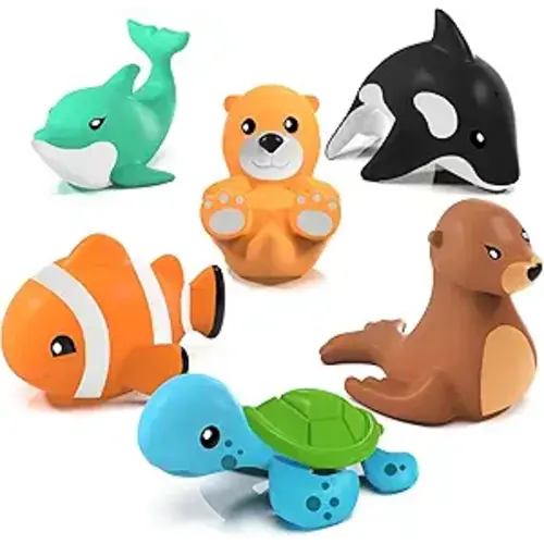 Tub Works® Marine™ Mold Free Bath Toys, 6 Pack | Sealed, No Hole Bath Toys Design Keeps Moisture Out | Soft, Squeezable & Float on Water | Easy-Grip Baby & Toddler Bath Toy Set | Great Baby Pool Toys