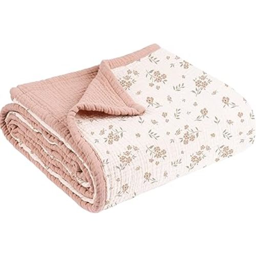 Konssy Muslin Baby Blankets, 100% Cotton Quilt Blankets for Baby Infant Toddler, Soft and Lightweight Nursery Crib Blanket for Baby Boys and Girls 43"x40" (Blossom)
