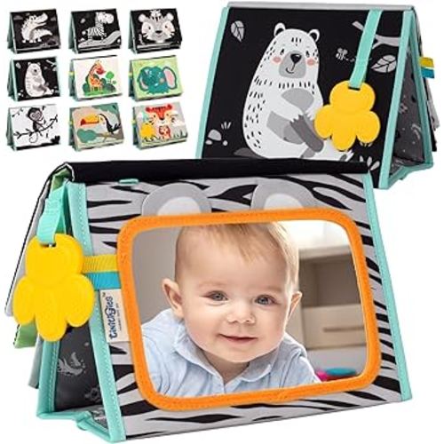 Tummy Time Mirror for Babies - High Contrast Book with Large Stimulating Baby Safe Mirror & Silicone Teether & Crinkle Pages - Perfect Tummy Time Toys for Babies 0 3 6 9 Months