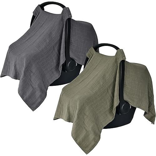 Car Seat Cover Baby - Organic Cotton - Carseat Covers Baby - Carseat Cover - Car Seat Canopy - Carseat Canopy - 100% Muslin Cotton, 43" x 32" 2-Pack (Sage Green/Soft Grey)