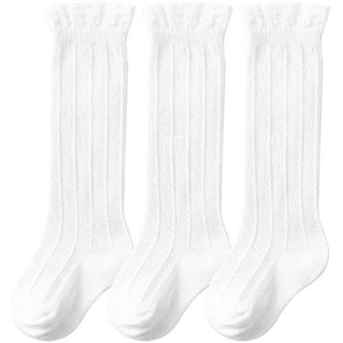 DRESHOW BQUBO Baby Girls Knee High Socks Infants Toddlers Kids Ruffled Socks Uniform Dress Socks Knit Cotton Long Stockings