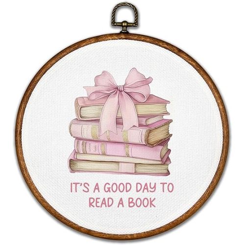 BCUANGD Coquette Book Round Wall Art Decor - Back to School Wall Art Canvas Frame Artwork Prints, Preppy Trendy Bow Modern Round Wall Hanging Decorations for Teacher Office Dorm Home, 10"x10"