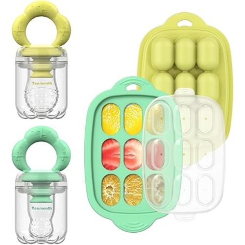 Baby Fruit Food Feeder Breastmilk Popsicle Molds with Freezer Tray, Tenmonth Silicone Baby Feeder for Safe Infant Self Feeding and Teething Relief 2 Pack, BPA Free