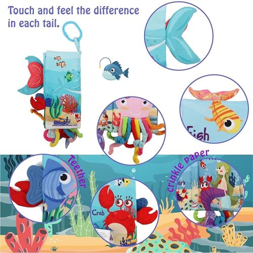 Baby Books 0-6 Months, Baby Book Toys,Touch and Feel Crinkle Cloth Books for Babies Infant 0-3-6-12-18 Months, Toddlers,Interactive Infant Sensory Toys,Shower Baby Gifts Christmas for Boys Girls, Fish - Sea Animal Tails