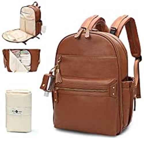 Diaper Bag, Leather Diaper Bag Backpack with Changing Pad & Stroller Strap,Multi-function & Waterproof Travel Backpack, Brown