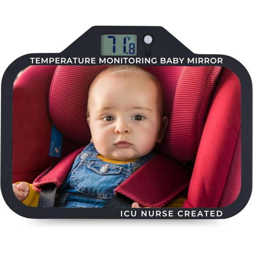 TherMOMirror Baby Car Seat Mirror with Temperature Display | Essential for Newborns | Perfect Baby Registry Gift | 4 Colors (Black)