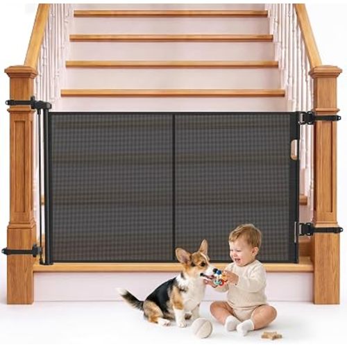 Reinforced Retractable Baby Gate for Stairs & Banister, 55" Wide Mesh Dog Gate, One-Handed Dual Lock Safety Gate for Kids & Pets, Fits Round & Square Posts (Black)