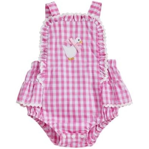 Newborn Baby Girl Clothes Gingham Goose Lace Bow Ruffle Romper Sleeveless Backless Bodysuit Infant Farm Outfit