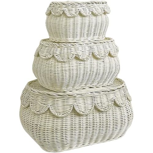 Scalloped Basket Set of 3, 15"x11"x7" Scallop Wicker Baskets, Round Wicker Baskets for Decor, Round Rattan Basket, Rattan Basket With Lid