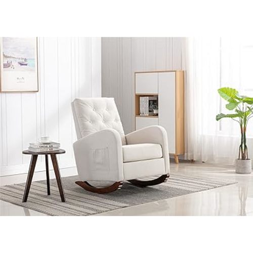 QQU Glider Rocker - Modern High Back Upholstered Rocking Chair with Side Pocket, Glider Chair with Wood Frame, Nursery Rocking Accent Armchair for Living Room, Bedroom, Breastfeeding, Beige